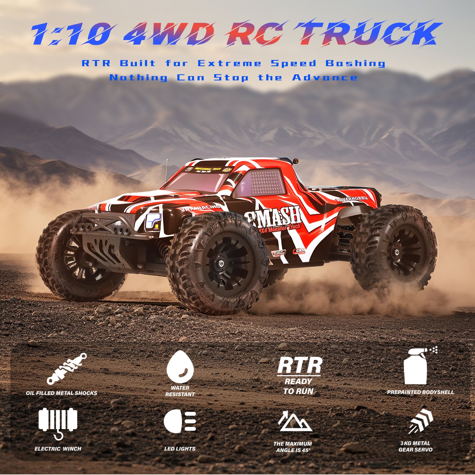 【美国现货】VRX RACING 1/10 比例 4WD 高速无刷电动遥控大脚车/卡车 型号:#RH1066